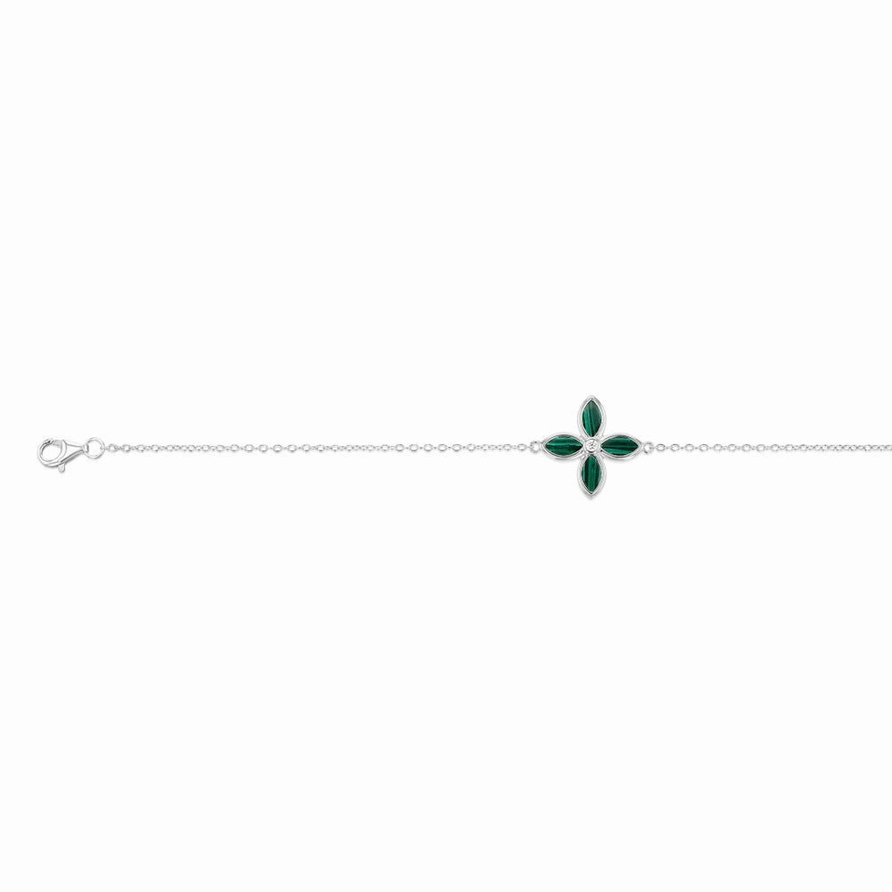 Sterling Silver Rhodium Plated Created Malachite Four Petal 16 4cm Bracelet