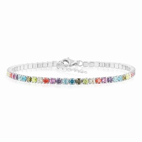 Sterling Silver Rhodium Plated Multicolour Round Zirconia 16.5 3cm Tennis Bracelet