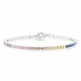 Sterling Silver Rhodium Plated Multicolour Round Zirconia 16.5 3cm Tennis Bracelet