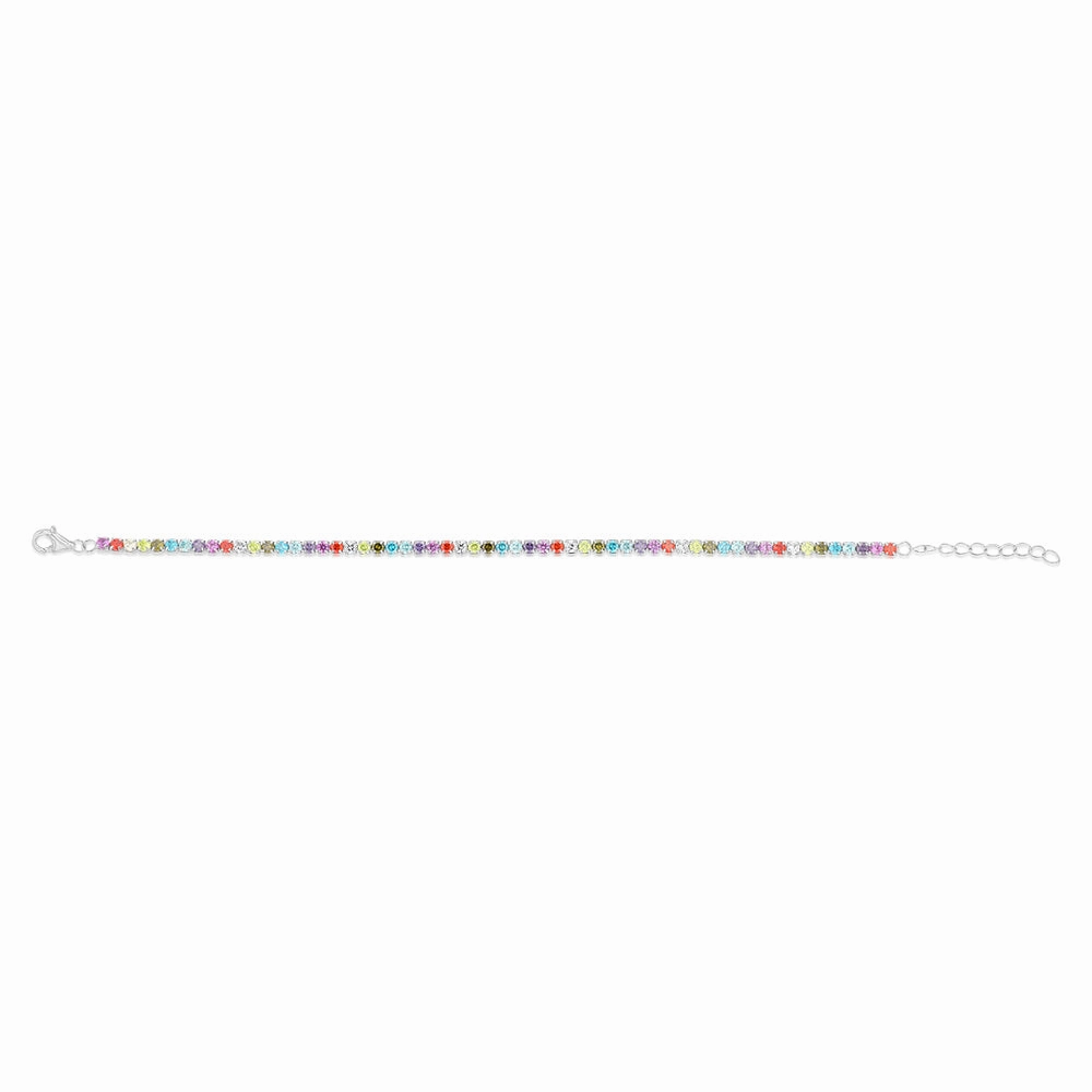 Sterling Silver Rhodium Plated Multicolour Round Zirconia 16.5 3cm Tennis Bracelet