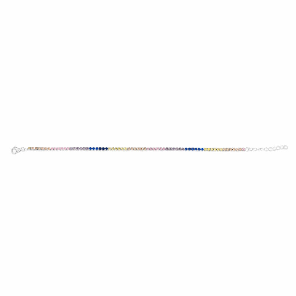 Sterling Silver Rhodium Plated Multicolour Round Zirconia 16.5 3cm Tennis Bracelet