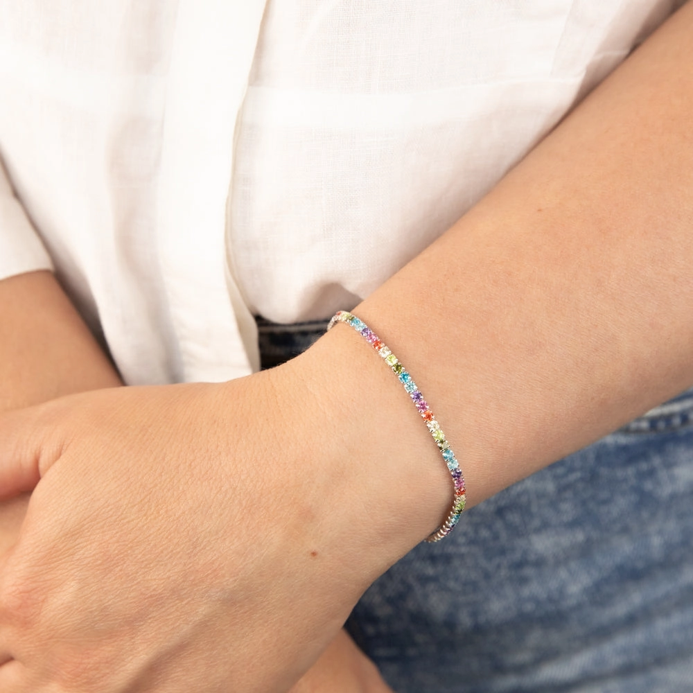 Sterling Silver Rhodium Plated Multicolour Round Zirconia 16.5 3cm Tennis Bracelet
