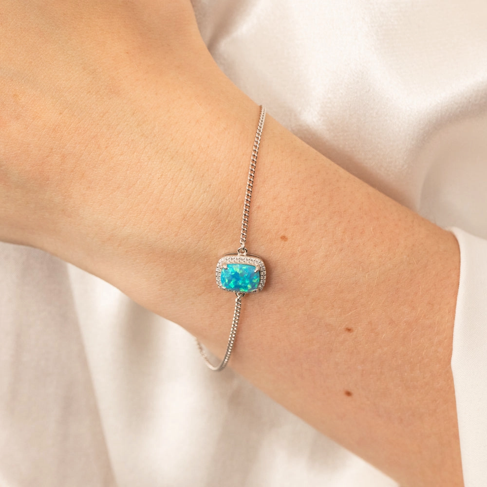 Sterling Silver Rhodium Plated Rectangle Created Turquoise Opal And White Zirconia 15.5 3cm Bracelet
