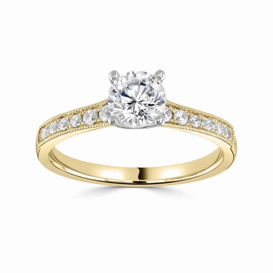 The Cassia 18ct Yellow Gold And Platinum Round Brilliant Cut Diamond Solitaire Engagement Ring With Diamond Set Shoulders