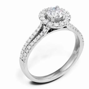 The Clementine Platinum Round Brilliant Cut Diamond Engagement Ring With Diamond Halo And Diamond Set Shoulders
