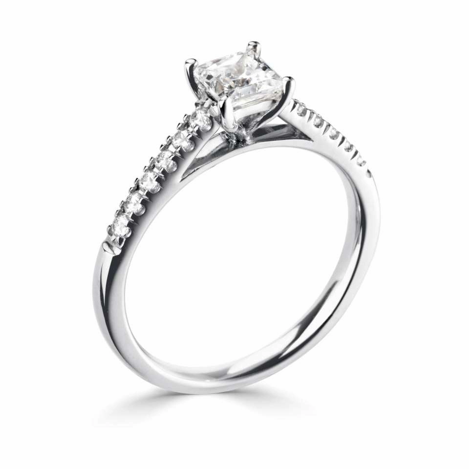 The Cosmos Platinum Princess Cut Diamond Solitaire Engagement Ring With Diamond Set Shoulders