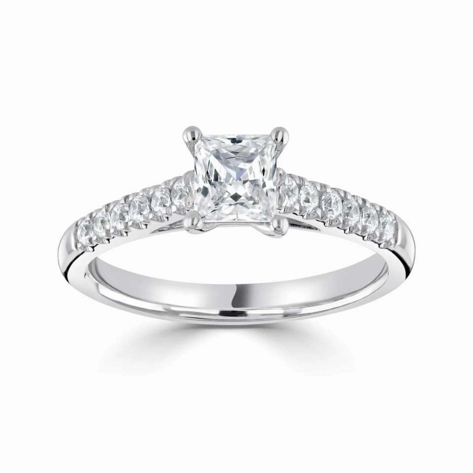 The Cosmos Platinum Princess Cut Diamond Solitaire Engagement Ring With Diamond Set Shoulders
