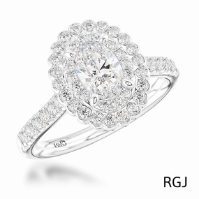 The Faroe Duo Platinum 0.34ct Oval Cut Diamond Engagement Ring With 0.38ct Scalloped Double Diamond Halo And Diamond Set Shoulders