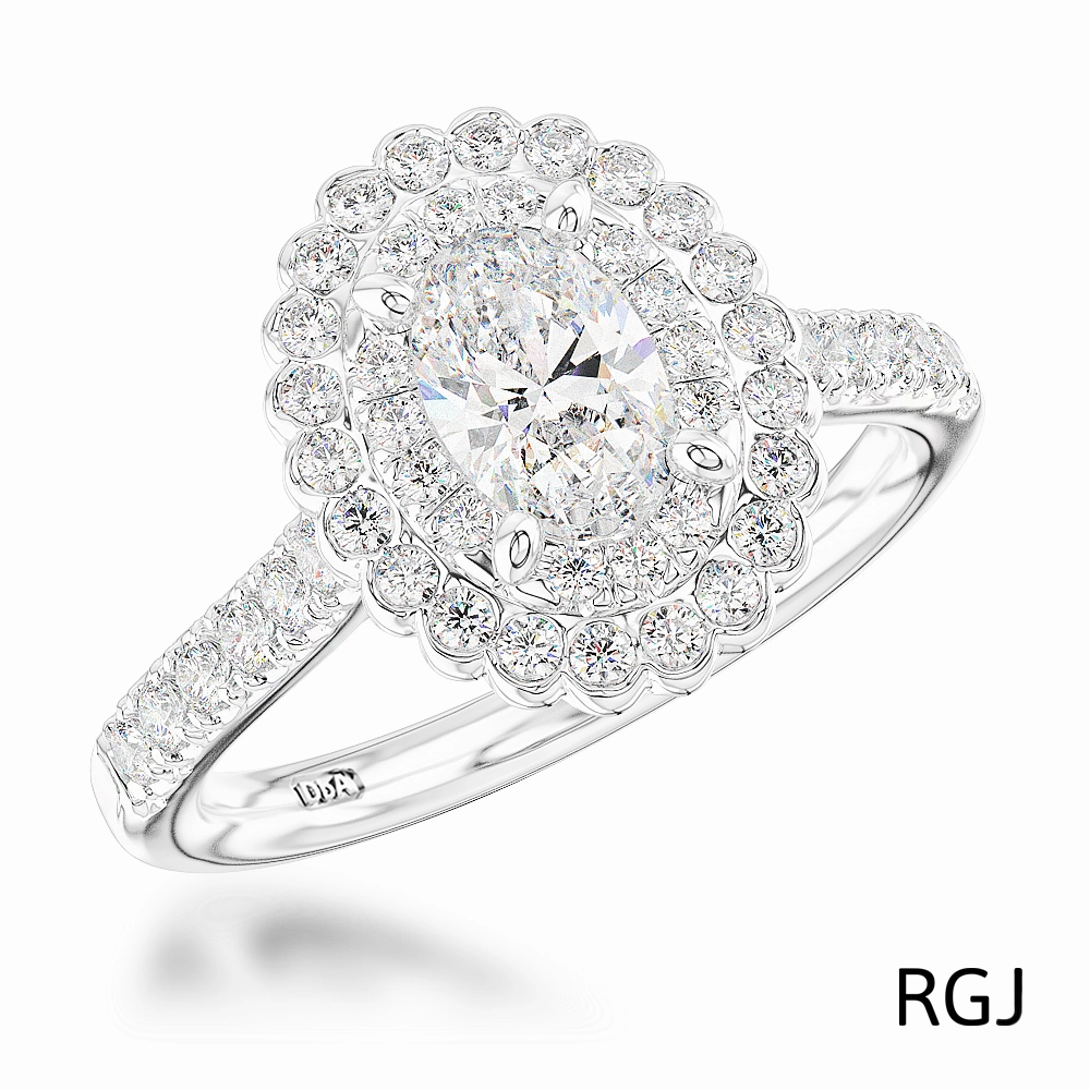The Faroe Duo Platinum 0.34ct Oval Cut Diamond Engagement Ring With 0.38ct Scalloped Double Diamond Halo And Diamond Set Shoulders