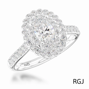 The Faroe Duo Platinum 0.63ct Oval Cut Diamond Engagement Ring With 0.41ct Scalloped Double Diamond Halo And Diamond Set Shoulders