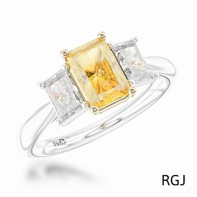 The Florentina Platinum And 18ct Yellow Gold Radiant Cut 2.01ct Yellow Diamond And 1.00ct Diamond Three Stone Engagement Ring