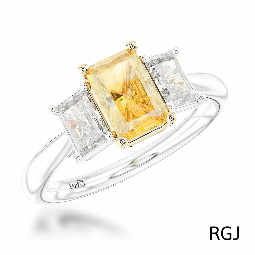 The Florentina Platinum And 18ct Yellow Gold Radiant Cut 2.01ct Yellow Diamond And 1.00ct Diamond Three Stone Engagement Ring