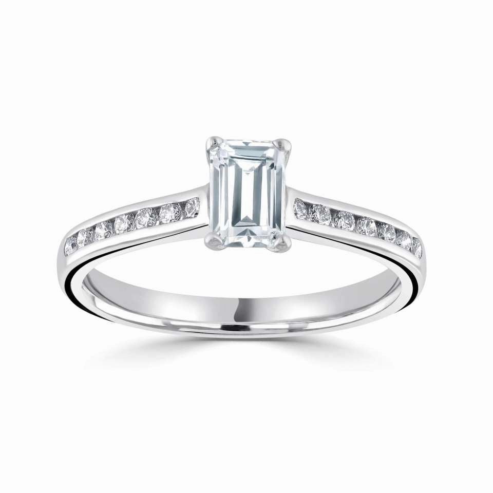 The Heather Platinum Emerald Cut Diamond Solitaire Engagement Ring With Diamond Set Shoulders