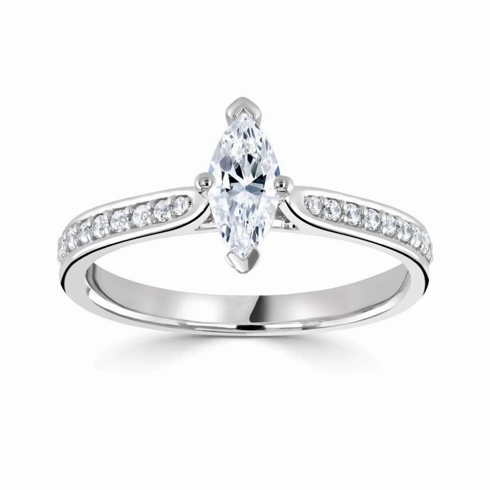The Ivy Platinum Marquise Cut Diamond Solitaire Engagement Ring With Diamond Set Shoulders