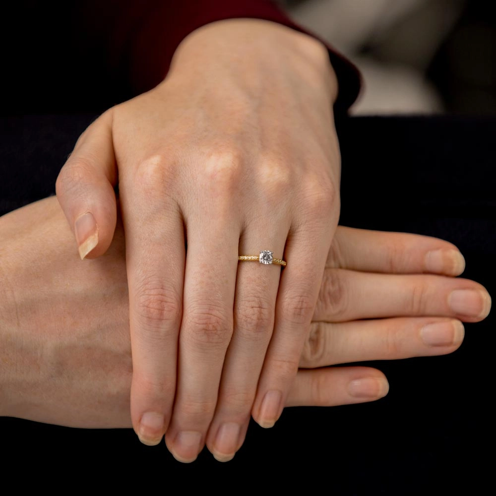 The Jasmine 18ct Yellow Gold And Platinum Round Brilliant Cut Diamond Solitaire Engagement Ring With Diamond Set Shoulders