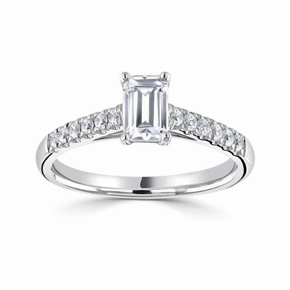 The Laurel Platinum Emerald Cut Diamond Solitaire Engagement Ring With Diamond Set Shoulders