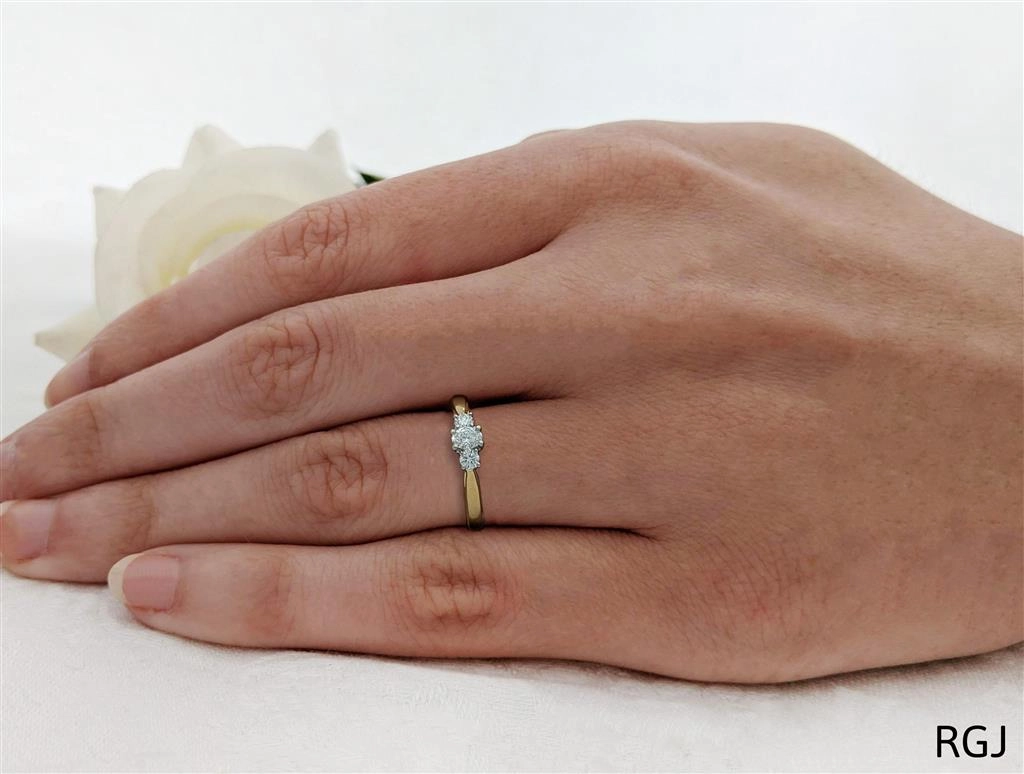 The Petite Royal 18ct Yellow Gold And Platinum 0.20ct Oval And 0.17ct Round Brilliant Cut Diamond Three Stone Engagement Ring