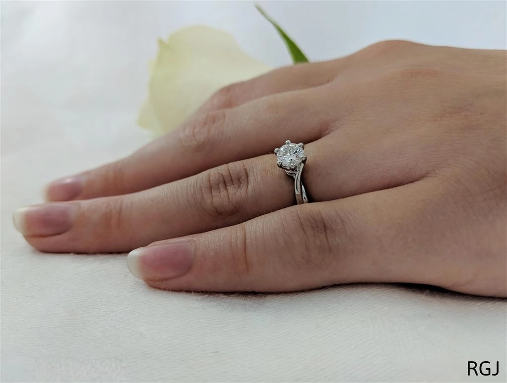 The Rona Six Claw Platinum 0.40ct Round Brilliant Cut Diamond Solitaire Engagement Ring With 0.04ct Diamond Detailing