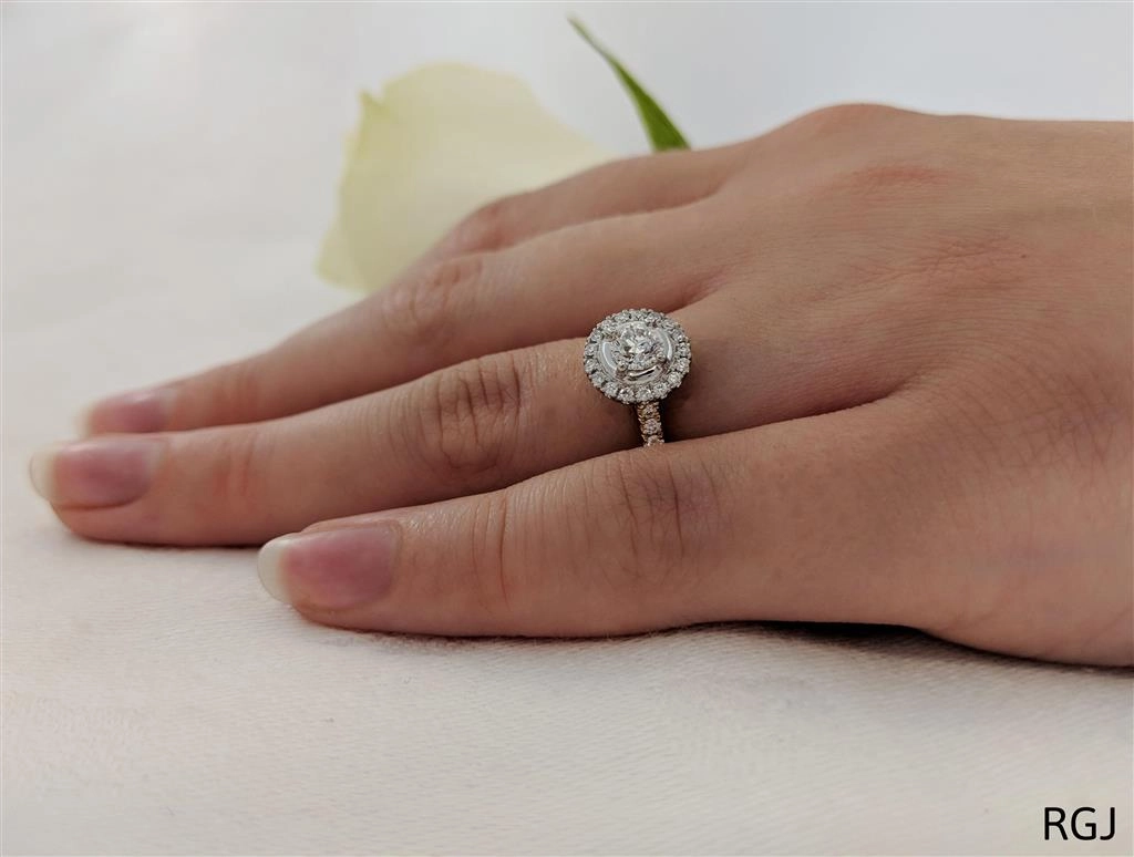 The Skye 18ct Yellow Gold And Platinum 0.33ct Round Brilliant Cut Diamond Engagement Ring With 0.26ct Diamond Halo And Diamond Set Shoulders