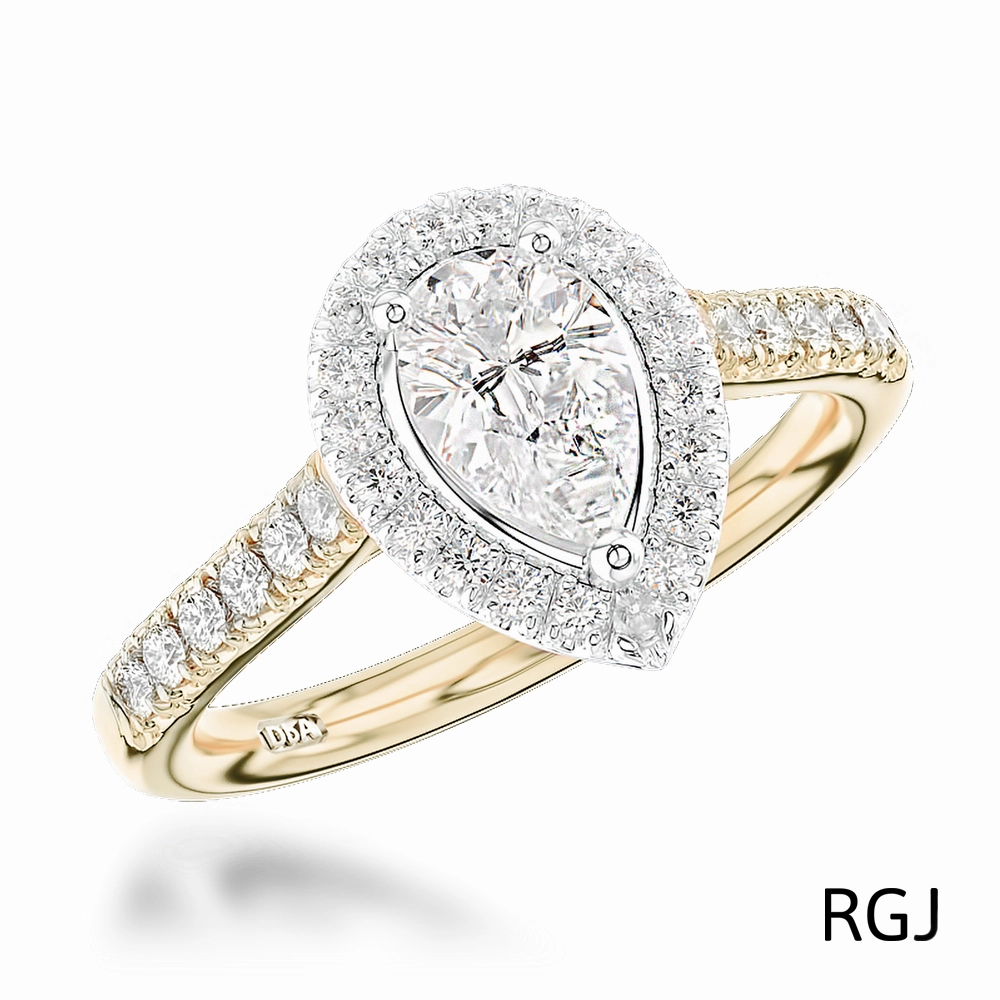 The Skye 18ct Yellow Gold And Platinum 0.40ct Pear Cut Diamond Engagement Ring With 0.33ct Diamond Halo And Diamond Set Shoulders
