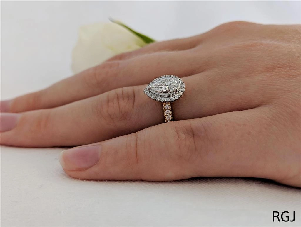 The Skye 18ct Yellow Gold And Platinum 0.40ct Pear Cut Diamond Engagement Ring With 0.33ct Diamond Halo And Diamond Set Shoulders