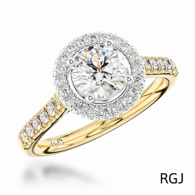 The Skye 18ct Yellow Gold And Platinum 0.40ct Round Brilliant Cut Diamond Engagement Ring With Diamond Halo And Diamond Set Shoulders