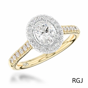 The Skye 18ct Yellow Gold And Platinum 0.50ct Oval Cut Diamond Engagement Ring With 0.33ct Diamond Halo And Diamond Set Shoulders