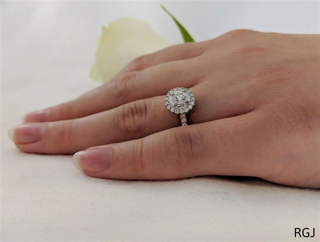 The Skye 18ct Yellow Gold And Platinum 0.50ct Round Brilliant Cut Diamond Engagement Ring With 0.31ct Diamond Halo And Diamond Set Shoulders