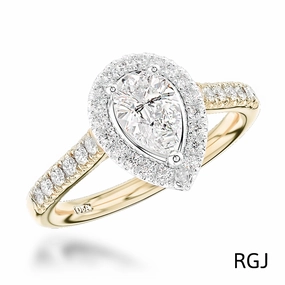 The Skye 18ct Yellow Gold And Platinum 0.59ct Pear Cut Diamond Engagement Ring With 0.33ct Diamond Halo And Diamond Set Shoulders
