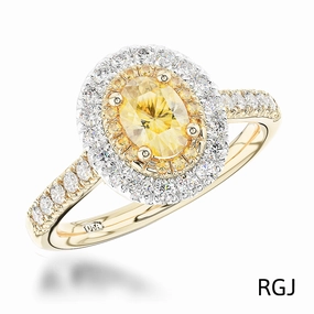 The Skye Duo 18ct Yellow Gold And Platinum 0.75ct Oval Cut Yellow Diamond Engagement Ring With 0.55ct Yellow And White Diamond Halo And Diamond Set Shoulders
