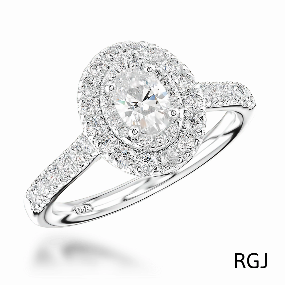 The Skye Duo Platinum 0.30ct Oval Cut Diamond Engagement Ring With 0.40ct Double Diamond Halo And Diamond Set Shoulders