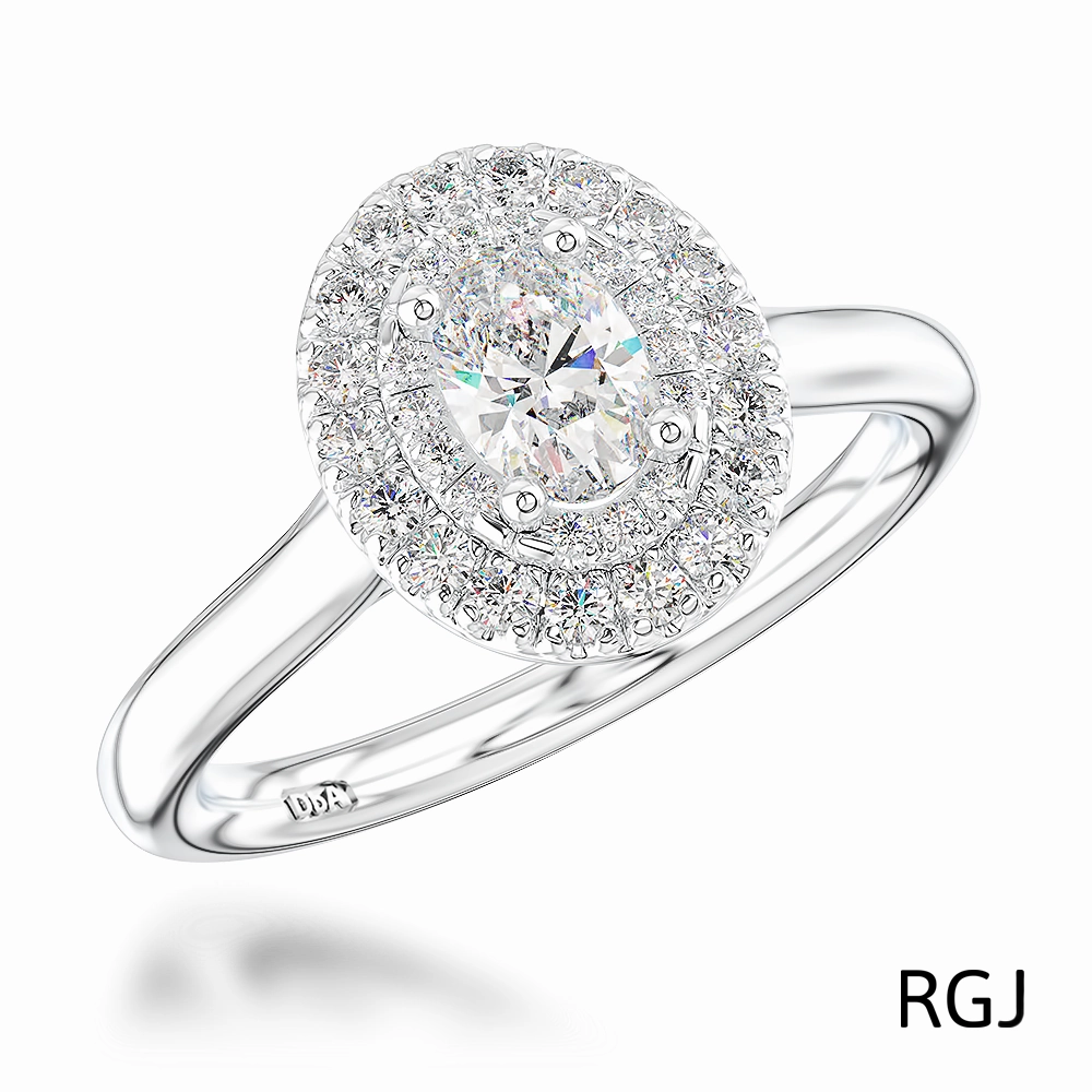 The Skye Duo Platinum 0.50ct Oval Cut Diamond Engagement Ring With 0.30ct Double Diamond Halo