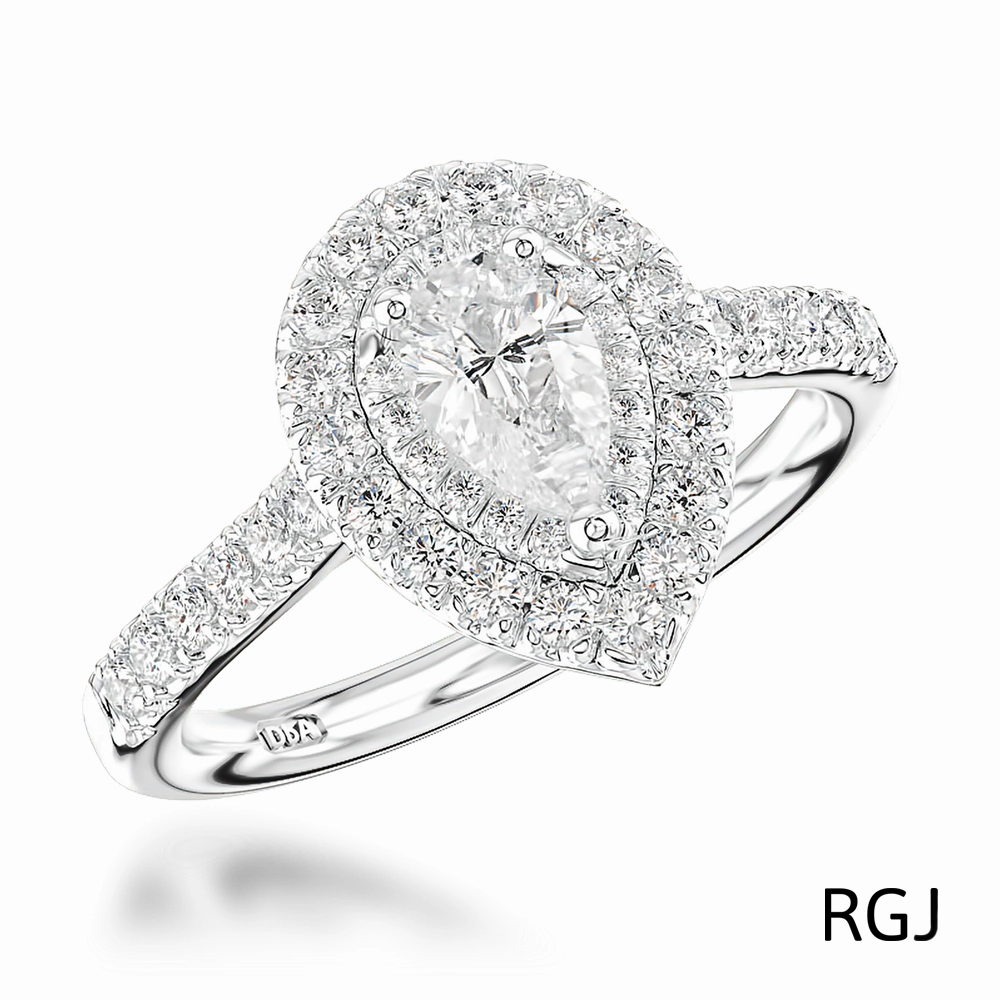 The Skye Duo Platinum 0.52ct Pear Cut Diamond Engagement Ring With 0.52ct Double Diamond Halo And Diamond Set Shoulders