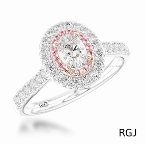 The Skye Duo Platinum And 18ct Rose Gold 0.30ct Oval Cut Diamond Engagement Ring With 0.36ct Pink And White Diamond Halo And Diamond Set Shoulders