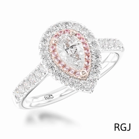 The Skye Duo Platinum And 18ct Rose Gold 0.30ct Pear Cut Diamond Engagement Ring With 0.35ct Pink And White Diamond Halo And Diamond Set Shoulders
