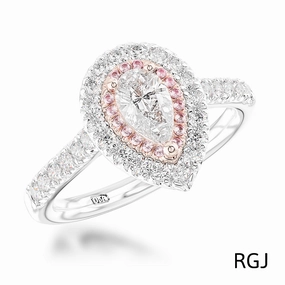 The Skye Duo Platinum And 18ct Rose Gold 0.31ct Pear Cut Diamond Engagement Ring With 0.35ct Pink And White Diamond Halo And Diamond Set Shoulders