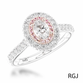 The Skye Duo Platinum And 18ct Rose Gold 0.38ct Oval Cut Diamond Engagement Ring With 0.34ct Pink And White Diamond Halo And Diamond Set Shoulders