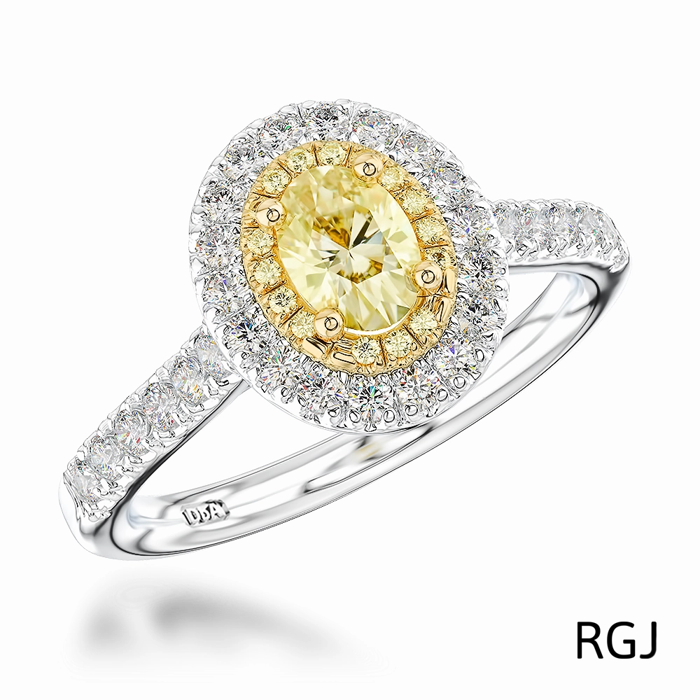 The Skye Duo Platinum And 18ct Yellow Gold 0.54ct Oval Cut Yellow Diamond Engagement Ring With 0.47ct Yellow And White Diamond Halo And Diamond Set Shoulders