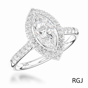 The Skye Platinum 0.30ct Marquise Cut Diamond Engagement Ring With 0.27ct Diamond Halo And Diamond Set Shoulders