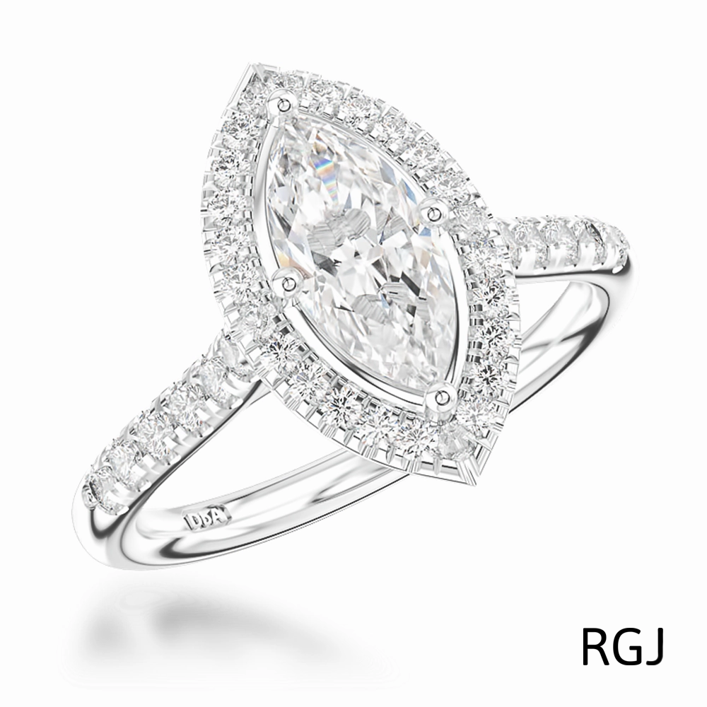 The Skye Platinum 0.30ct Marquise Cut Diamond Engagement Ring With 0.27ct Diamond Halo And Diamond Set Shoulders
