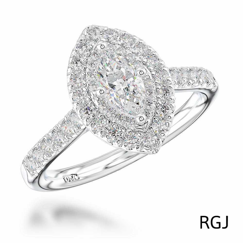 The Skye Platinum 0.38ct Marquise Cut Diamond Engagement Ring With 0.41ct Double Diamond Halo And Diamond Set Shoulders