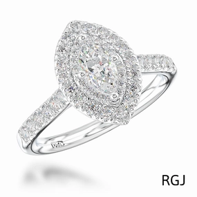The Skye Platinum 0.38ct Marquise Cut Diamond Engagement Ring With 0.41ct Double Diamond Halo And Diamond Set Shoulders