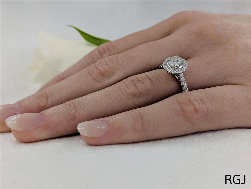 The Skye Platinum 0.40ct Round Brilliant Cut Diamond Engagement Ring With 0.31ct Diamond Halo And Diamond Set Shoulders