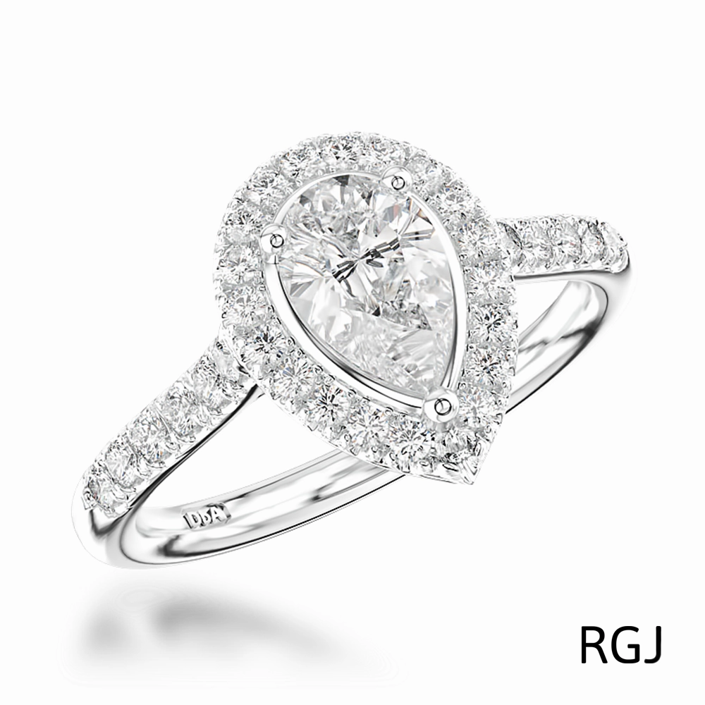 The Skye Platinum 0.50ct Pear Cut Diamond Engagement Ring With 0.33ct Diamond Halo And Diamond Set Shoulders