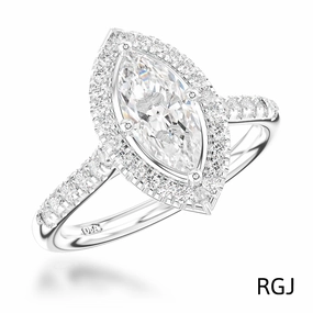 The Skye Platinum 0.51ct Marquise Cut Diamond Engagement Ring With 0.35ct Diamond Halo And Diamond Set Shoulders