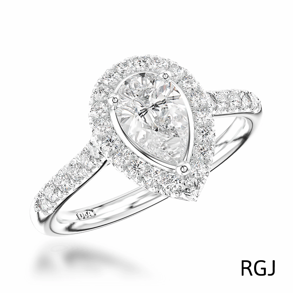 The Skye Platinum 0.70ct Pear Cut Diamond Engagement Ring With 0.39ct Diamond Halo And Diamond Set Shoulders