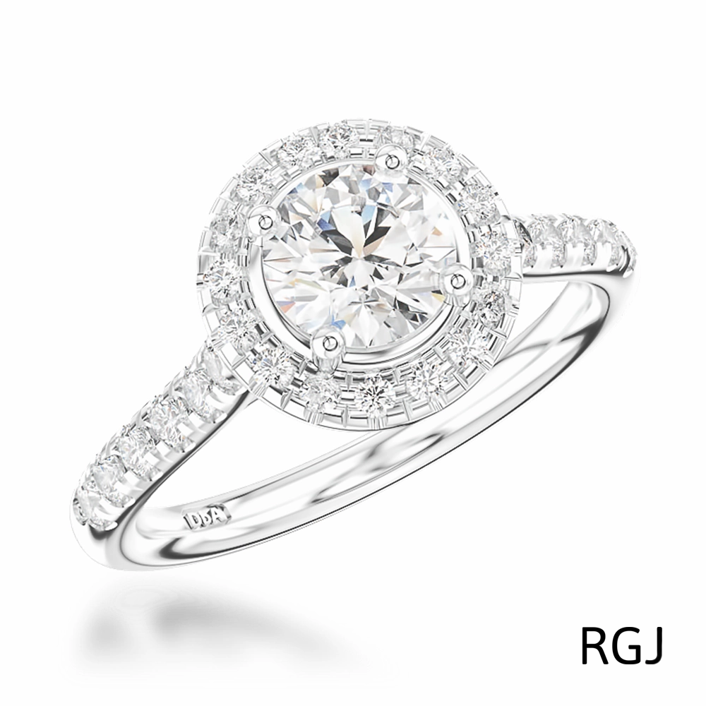 The Skye Platinum 0.71ct Round Brilliant Cut Diamond Engagement Ring With 0.37ct Diamond Halo And Diamond Set Shoulders