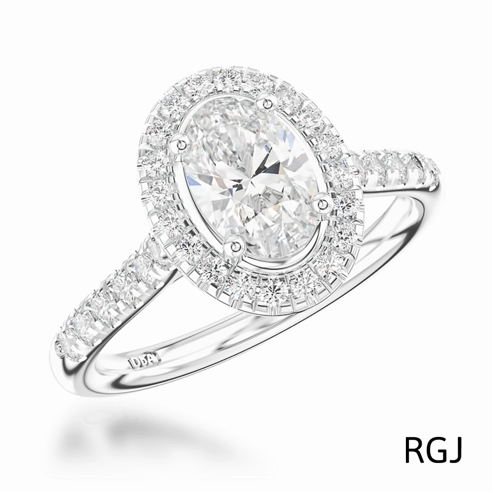 The Skye Platinum 0.72ct Oval Cut Diamond Engagement Ring With 0.35ct Diamond Halo And Diamond Set Shoulders