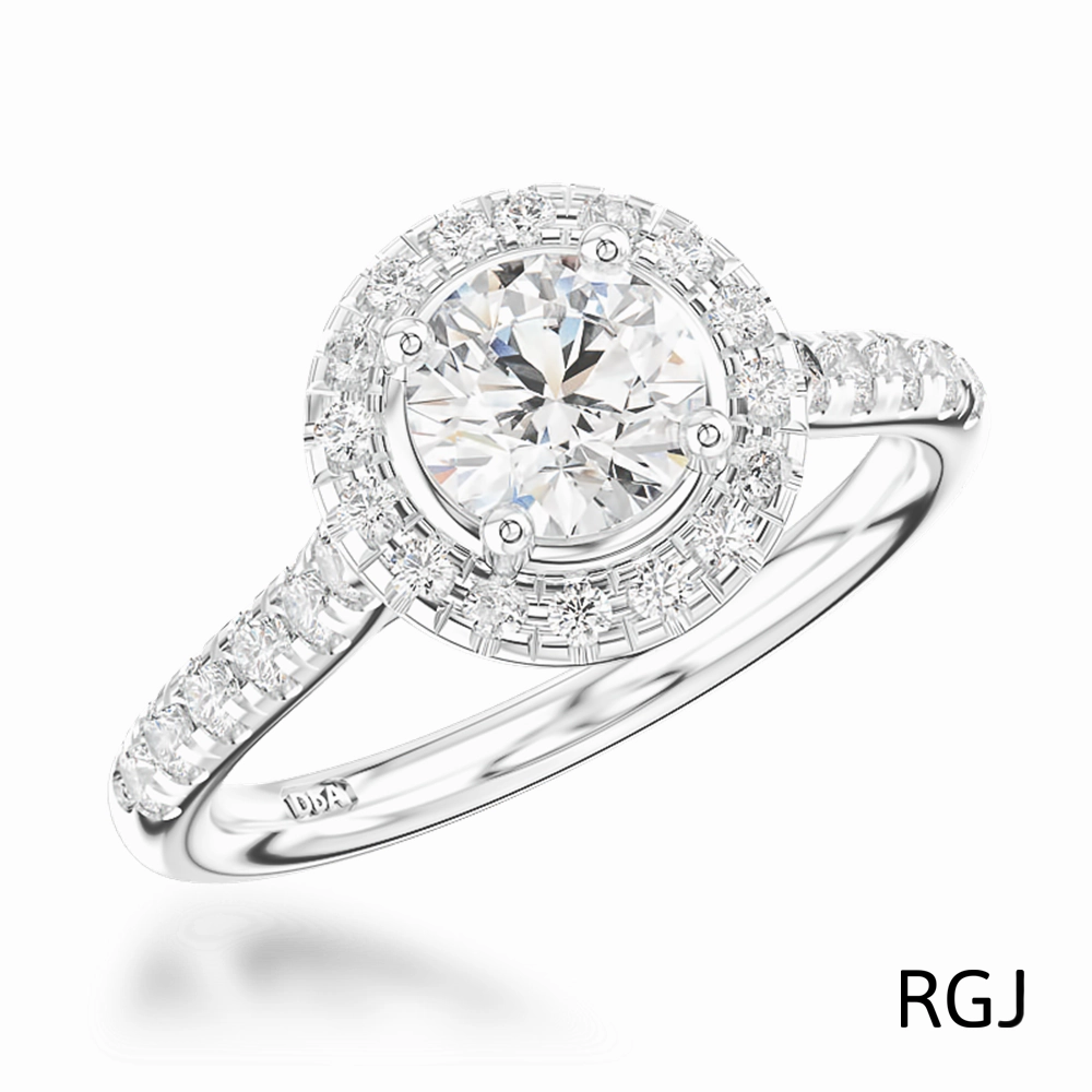 The Skye Platinum 0.80ct Round Brilliant Cut Diamond Engagement Ring With 0.39ct Diamond Halo And Diamond Set Shoulders