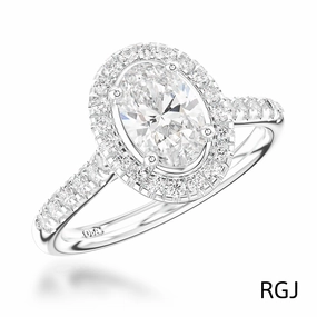 The Skye Platinum 0.91ct Oval Cut Diamond Engagement Ring With 0.39ct Diamond Halo And Diamond Set Shoulders